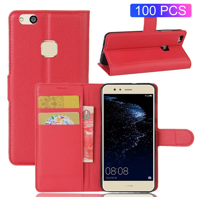 100Pcs/Set Litchi Texture Wallet Stand PU Leather Shell Case for Huawei P10 Lite - Red-1