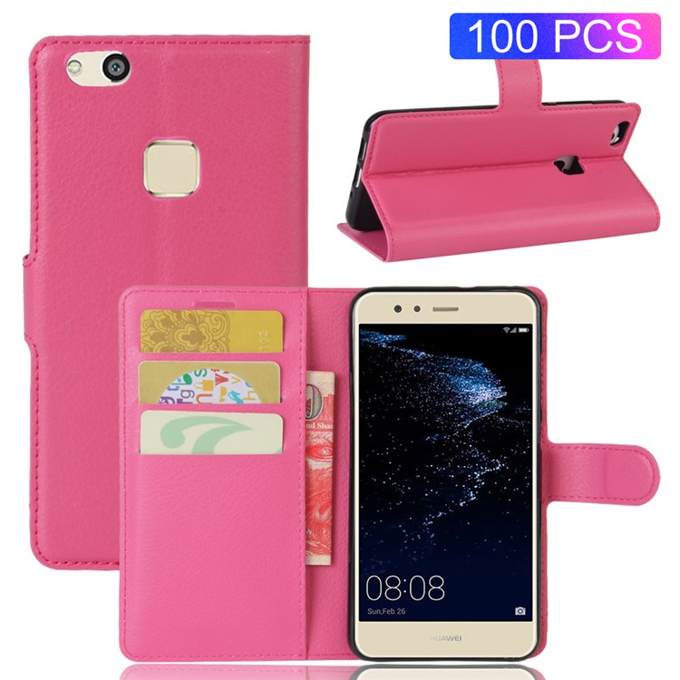 100Pcs/Set Litchi Texture Wallet Stand PU Leather Mobile Casing for Huawei P10 Lite - Rose-1