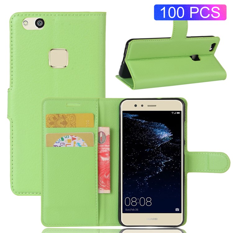 100Pcs/Set Litchi Texture Wallet Stand PU Leather Cellphone Cover Case for Huawei P10 Lite - Green-1