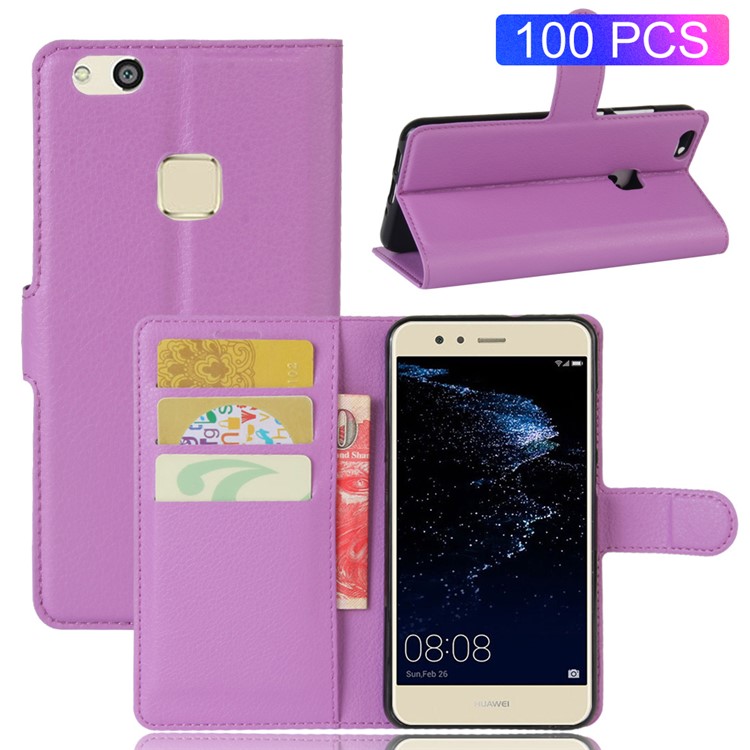 100Pcs/Set Litchi Texture Wallet Stand PU Leather Mobile Phone Cover for Huawei P10 Lite - Purple-1