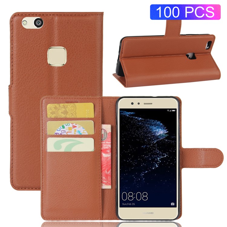 100Pcs/Set Litchi Texture Wallet Stand PU Leather Protector Case Cover for Huawei P10 Lite - Brown-1