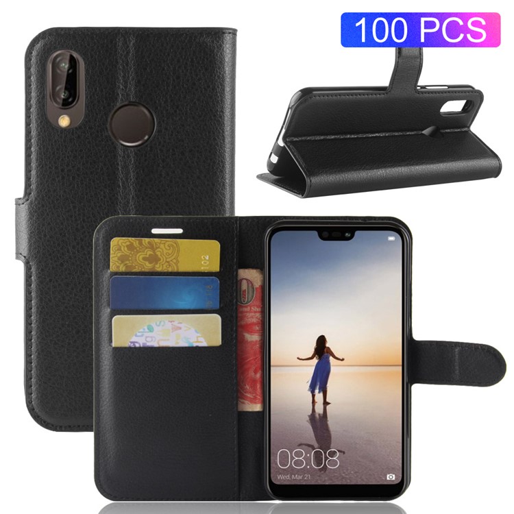 100Pcs/Set Litchi Texture Wallet Stand Leather Case for Huawei P20 Lite / Nova 3e - Black-1