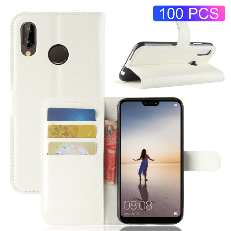 100Pcs/Set Litchi Texture Wallet Stand Leather Cover for Huawei P20 Lite / Nova 3e - White-1