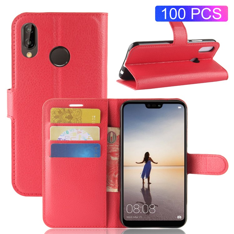 100Pcs/Set Litchi Texture Wallet Stand Leather Shell for Huawei P20 Lite / Nova 3e - Red-1