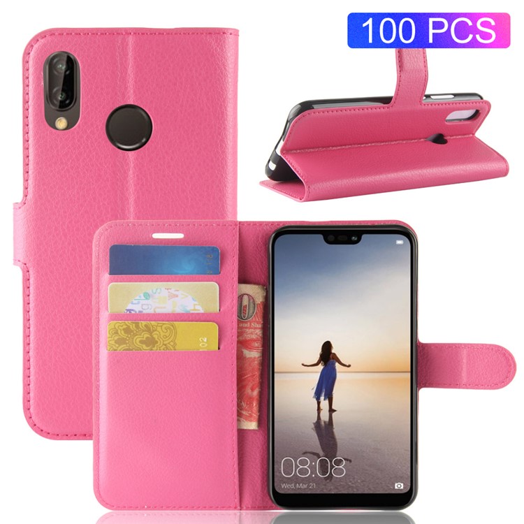 100Pcs/Set Litchi Texture Wallet Leather Mobile Case for Huawei P20 Lite / Nova 3e - Rose-1
