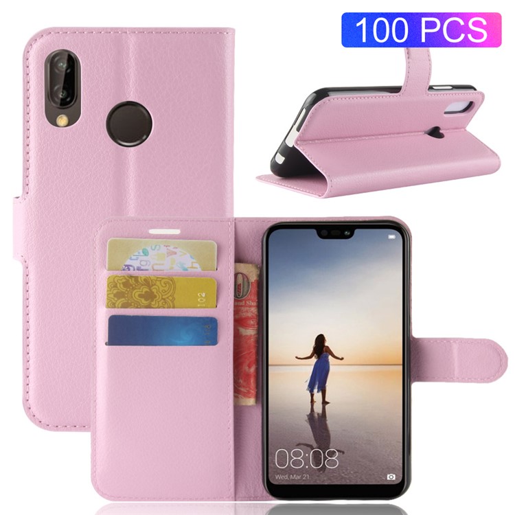 100Pcs/Set Litchi Texture Stand Leather Wallet Cover for Huawei P20 Lite / Nova 3e - Pink-1
