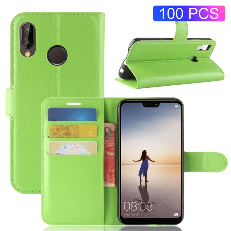 100Pcs/Set Litchi Texture Wallet Stand Leather Shell for Huawei P20 Lite / Nova 3e - Green-1