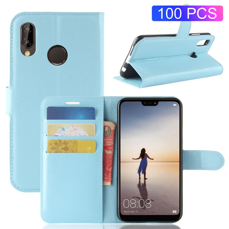 100Pcs/Set Litchi Texture Wallet Stand Leather Flip Case for Huawei P20 Lite / Nova 3e - Blue-1
