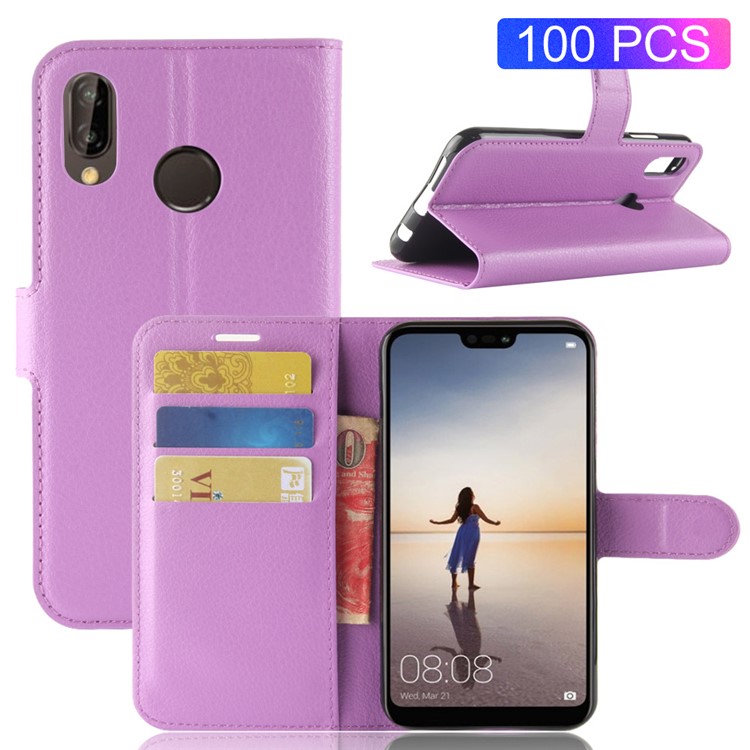 100Pcs/Set Litchi Texture Wallet Stand Leather Protective Cover for Huawei P20 Lite / Nova 3e - Purple-1
