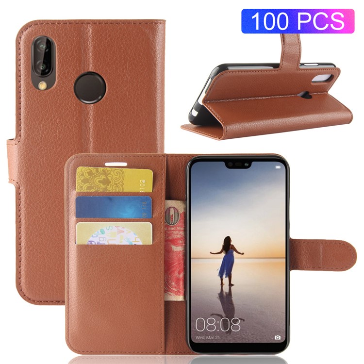 100Pcs/Set Litchi Texture Wallet Stand Leather Phone Casing for Huawei P20 Lite / Nova 3e - Brown-1
