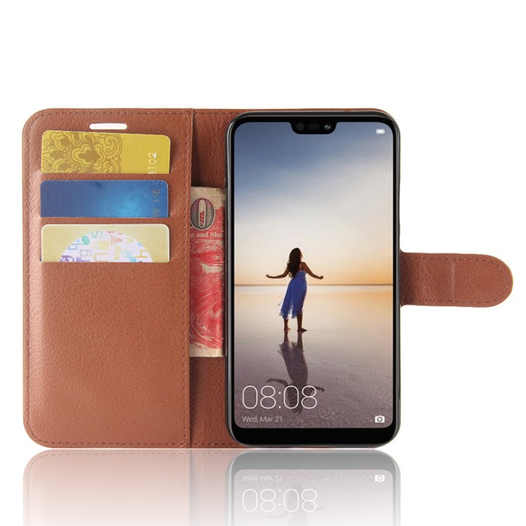 100Pcs/Set Litchi Texture Wallet Stand Leather Phone Casing for Huawei P20 Lite / Nova 3e - Brown-4