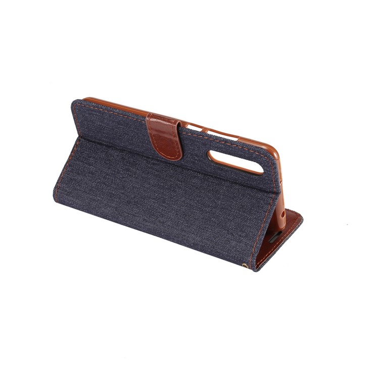 Jeans Cloth Card Holder Stand Leather Case for Huawei P20 - Black Blue-5