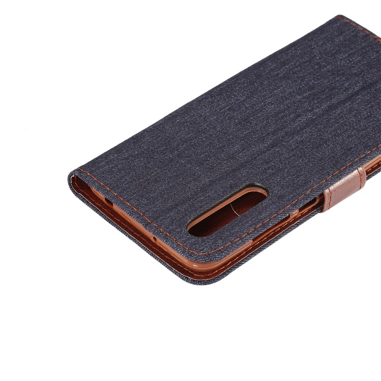Jeans Cloth Card Holder Stand Leather Case for Huawei P20 - Black Blue-7