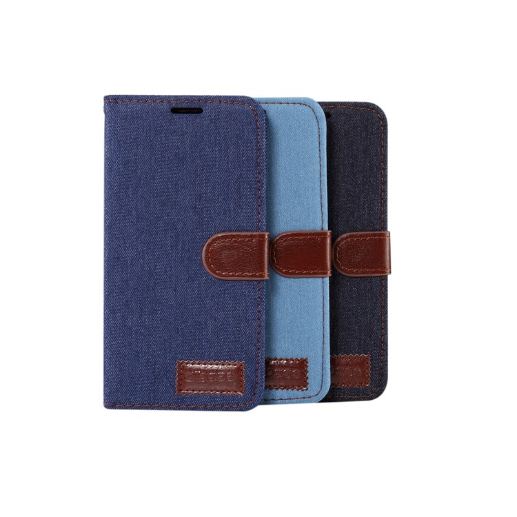 Jeans Cloth Card Holder Stand Leather Case for Huawei P20 - Black Blue-8