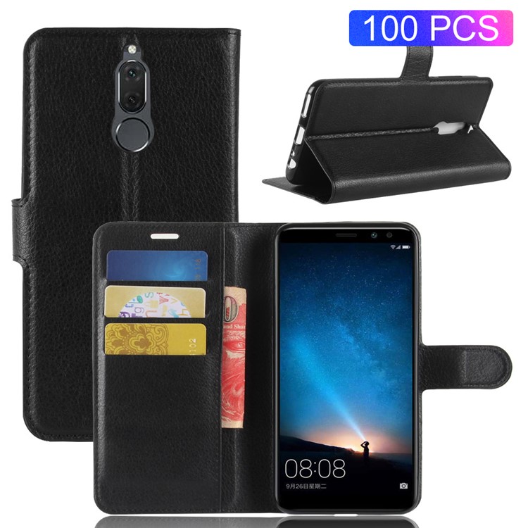 100Pcs/Set Litchi Texture Wallet Stand Leather Case for Huawei Mate 10 Lite / nova 2i / Maimang 6 / Honor 9i (India) - Black-1