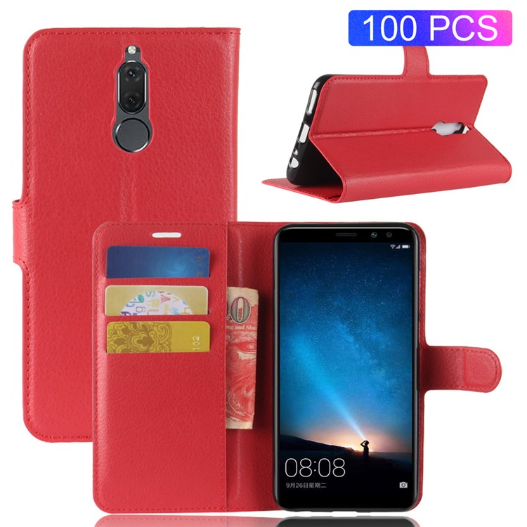 100Pcs/Set Litchi Texture Wallet Stand Leather Shell for Huawei Mate 10 Lite / nova 2i / Maimang 6 / Honor 9i (India) - Red-1