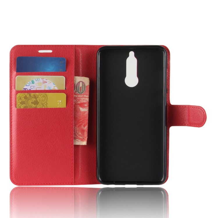 100Pcs/Set Litchi Texture Wallet Stand Leather Shell for Huawei Mate 10 Lite / nova 2i / Maimang 6 / Honor 9i (India) - Red-3