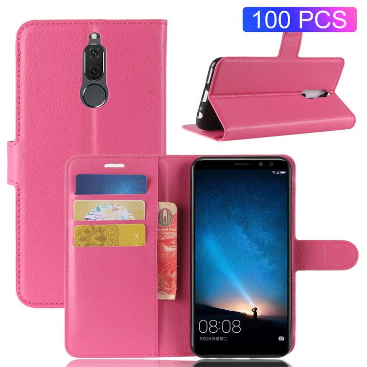 100Pcs/Set Litchi Texture Wallet Stand Leather Phone Case for Huawei Mate 10 Lite / nova 2i / Maimang 6 / Honor 9i (India) - Rose-1