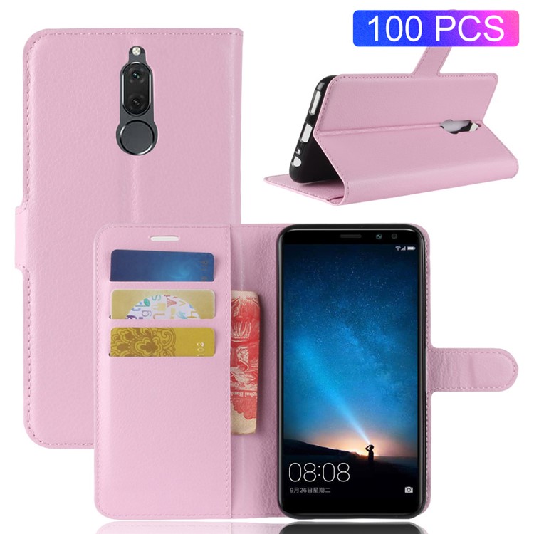100Pcs/Set Litchi Texture Stand Leather Phone Cover for Huawei Mate 10 Lite / nova 2i / Maimang 6 / Honor 9i (India) - Pink-1