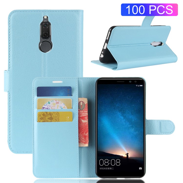 100Pcs/Set Litchi Texture Wallet Stand Leather Mobile Phone Case for Huawei Mate 10 Lite / nova 2i / Maimang 6 / Honor 9i (India) - Blue-1
