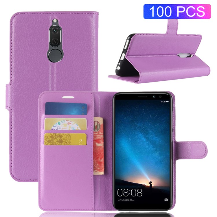 100Pcs/Set Litchi Texture Wallet Stand Leather Cell Phone Case for Huawei Mate 10 Lite / nova 2i / Maimang 6 / Honor 9i (India) - Purple-1