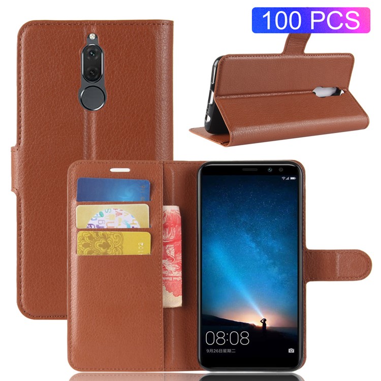 100Pcs/Set Litchi Texture Wallet Leather Protective Shell for Huawei Mate 10 Lite / nova 2i / Maimang 6 / Honor 9i (India) - Brown-1