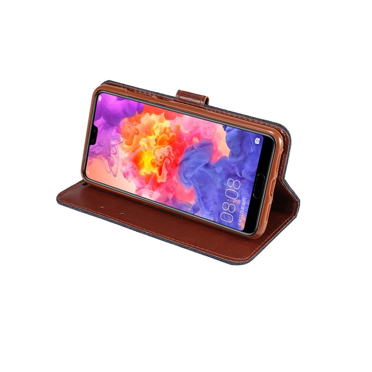 Jeans Cloth Card Holder Stand Leather Case for Huawei P20 Pro - Black Blue-6