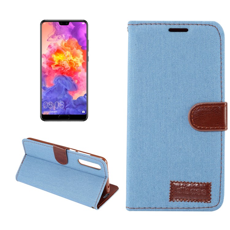 Jeans Cloth Card Holder Stand Leather Phone Casing for Huawei P20 Pro - Baby Blue-1