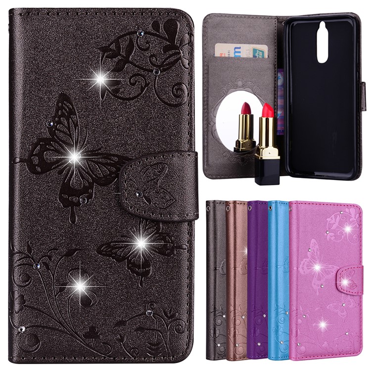 Imprinted Butterfly Flower Pattern Rhinestone Leather Wallet Case for Huawei Mate 10 Lite / Maimang 6 / nova 2i / Honor 9i (India) - Black-1