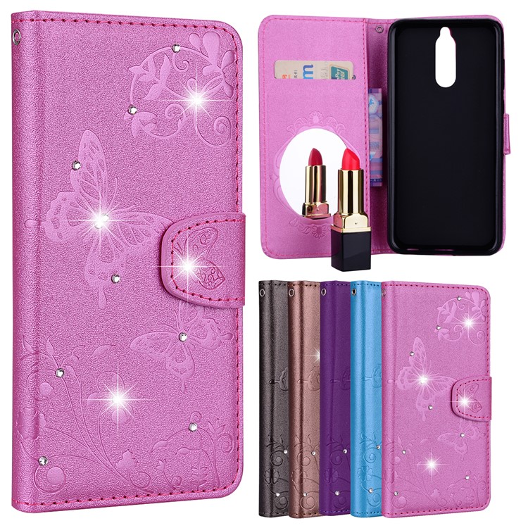 Imprinted Butterfly Flower Pattern Rhinestone Leather Wallet Cover for Huawei Mate 10 Lite / Maimang 6 / nova 2i / Honor 9i (India) - Rose-1