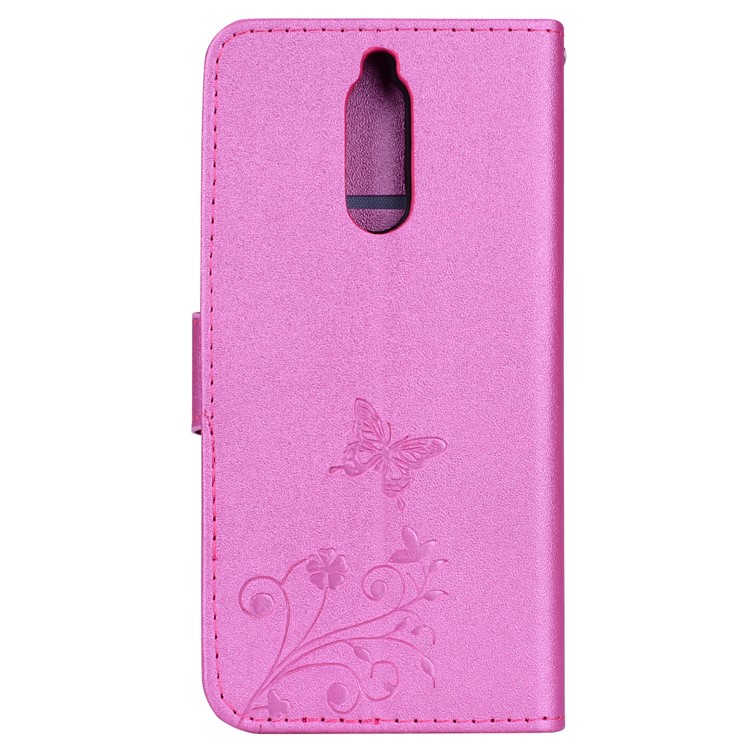 Imprinted Butterfly Flower Pattern Rhinestone Leather Wallet Cover for Huawei Mate 10 Lite / Maimang 6 / nova 2i / Honor 9i (India) - Rose-5