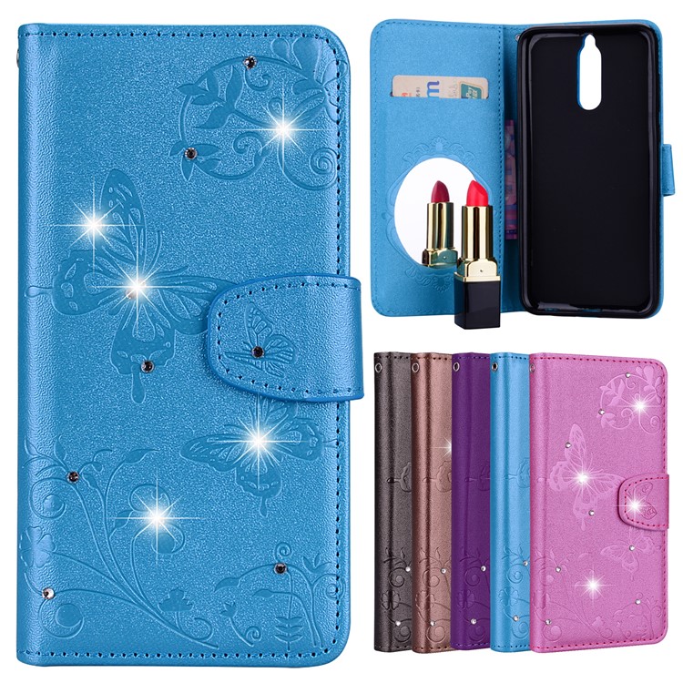 Imprinted Butterfly Flower Pattern Rhinestone Leather Card Holder Case for Huawei Mate 10 Lite / Maimang 6 / nova 2i / Honor 9i (India) - Blue-1