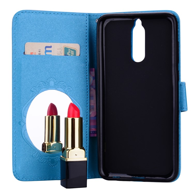 Imprinted Butterfly Flower Pattern Rhinestone Leather Card Holder Case for Huawei Mate 10 Lite / Maimang 6 / nova 2i / Honor 9i (India) - Blue-7