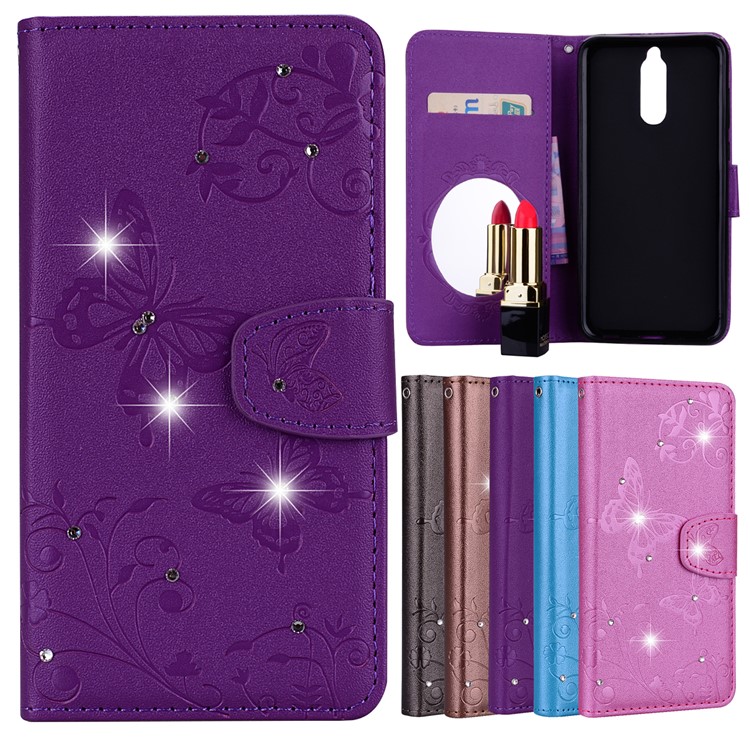 Imprinted Butterfly Flower Pattern Rhinestone Cell Phone Leather Wallet Case for Huawei Mate 10 Lite / Maimang 6 / nova 2i / Honor 9i (India) - Purple-1
