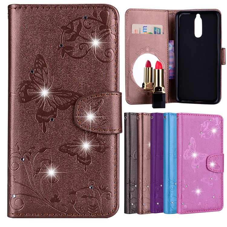 Imprinted Butterfly Flower Pattern Rhinestone Leather Stand Case for Huawei Mate 10 Lite / Maimang 6 / nova 2i / Honor 9i (India) - Brown-1