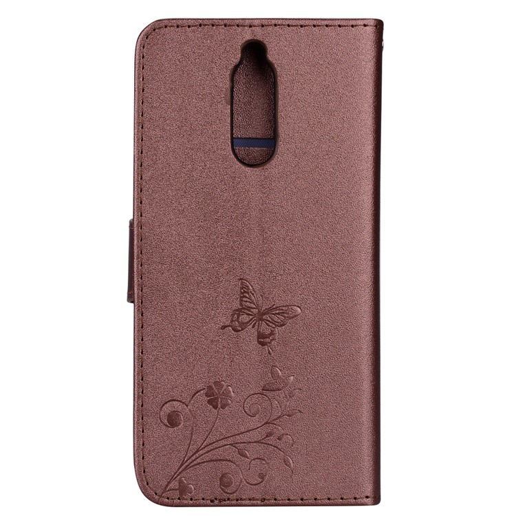 Imprinted Butterfly Flower Pattern Rhinestone Leather Stand Case for Huawei Mate 10 Lite / Maimang 6 / nova 2i / Honor 9i (India) - Brown-5