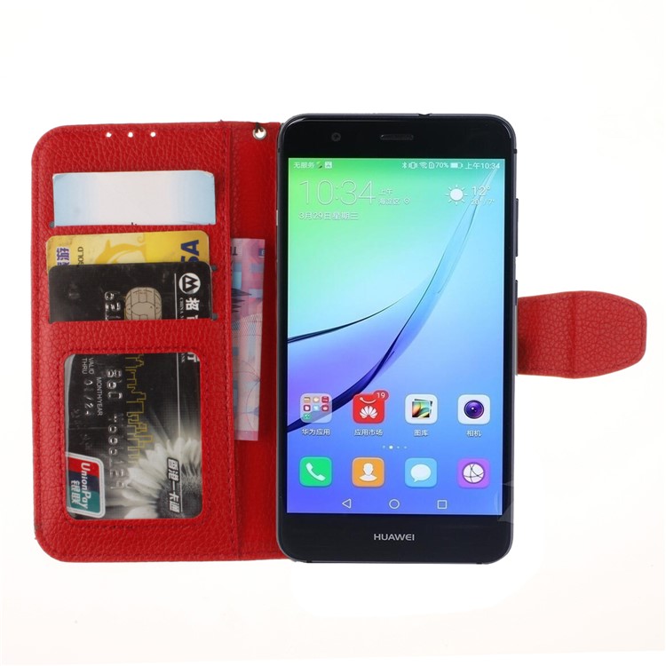 Litchi Grain PU Leather Stand Wallet Phone Cover for Huawei P8 Lite (2017)/Honor 8 Lite - Red-8
