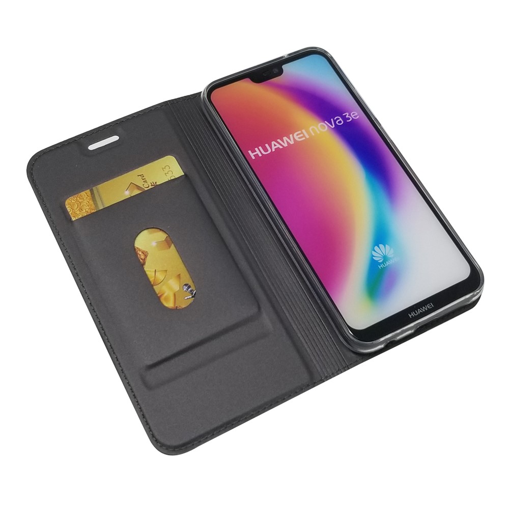 Case de Teléfonos Celulares de Soporte Para Tarjetas de Cuero de Soporte Automático Para Huawei P20 Lite / Nova 3e - Negro