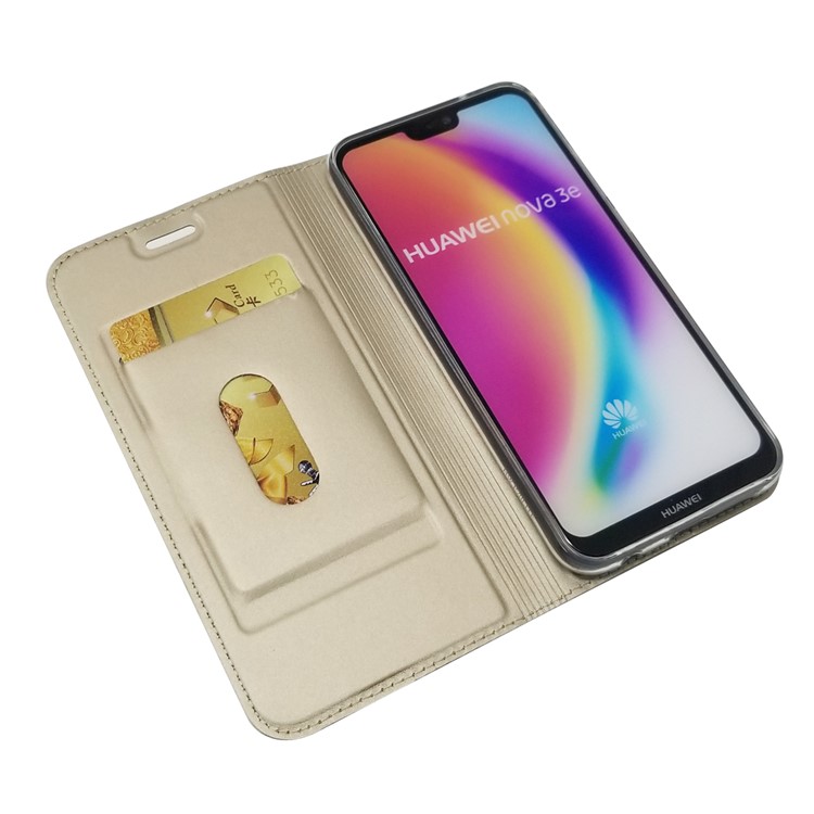 Auto-absorbiertes Ständer Lederkartenhalter Handy Hülle Für Huawei P20 Lite / Nova 3e - Gold