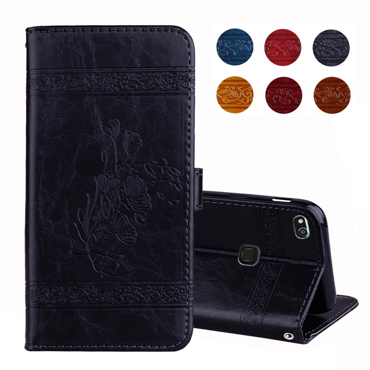 Imprinted Flower Oil Wax Wallet Leather Case for Huawei P10 Lite - Black-1