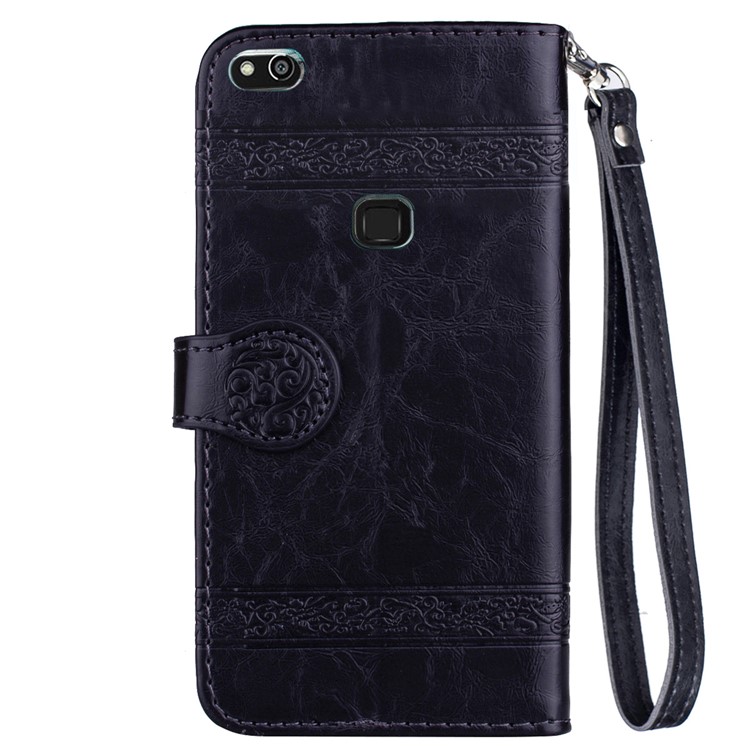 Imprinted Flower Oil Wax Wallet Leather Case for Huawei P10 Lite - Black-3