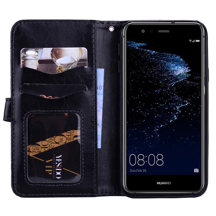 Imprinted Flower Oil Wax Wallet Leather Case for Huawei P10 Lite - Black-6