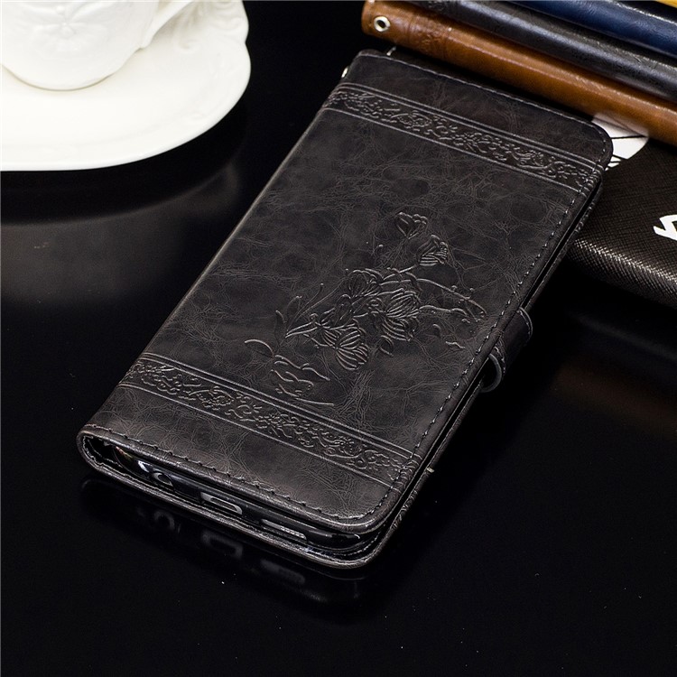 Imprinted Flower Oil Wax Wallet Leather Case for Huawei P10 Lite - Black-7