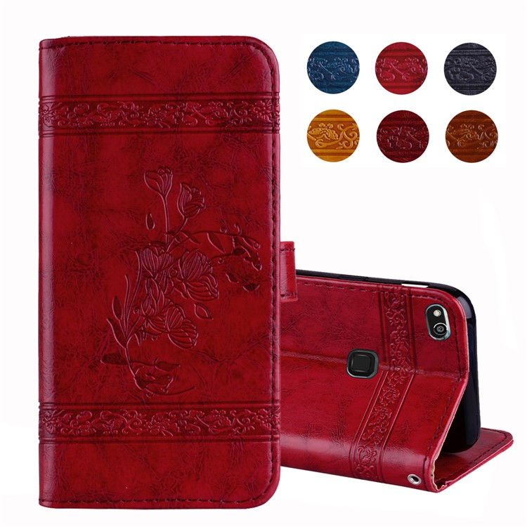 Imprinted Flower Oil Wax Wallet Leather Cover for Huawei P10 Lite - Red-1