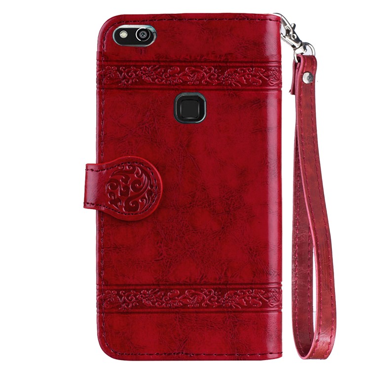 Imprinted Flower Oil Wax Wallet Leather Cover for Huawei P10 Lite - Red-3