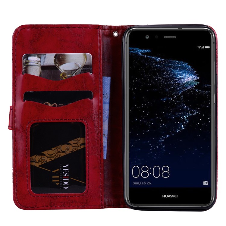 Imprinted Flower Oil Wax Wallet Leather Cover for Huawei P10 Lite - Red-6