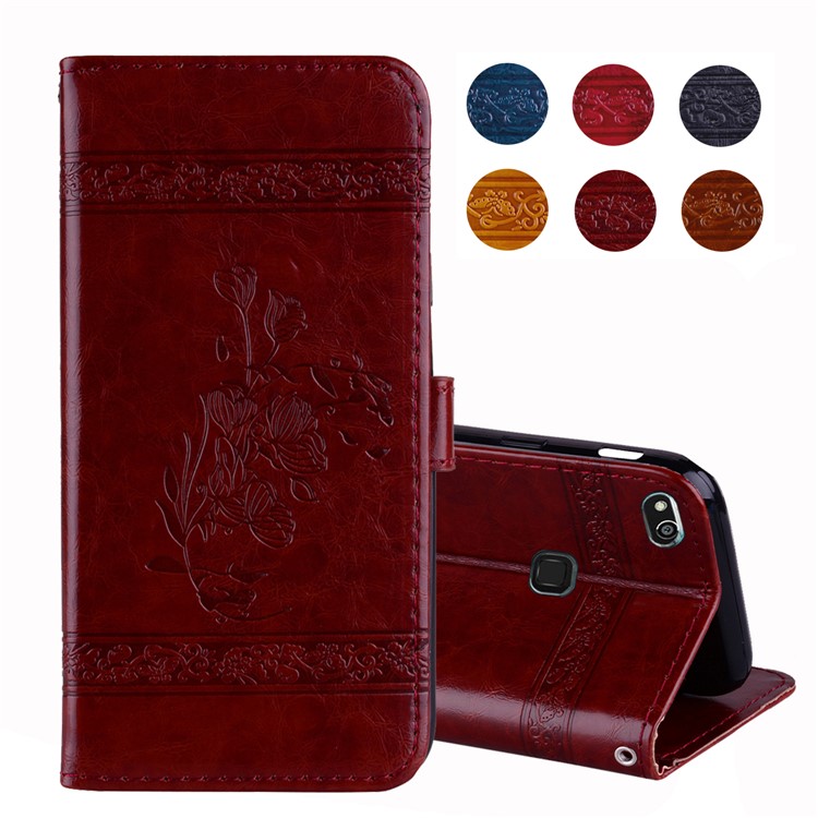 Imprinted Flower Oil Wax Wallet Leather Shell for Huawei P10 Lite - Wine Red-1