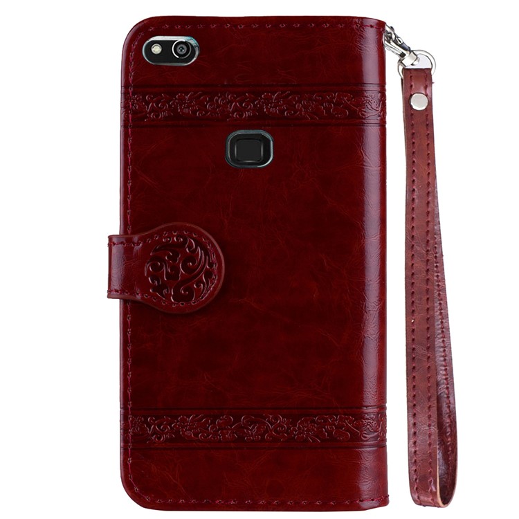 Imprinted Flower Oil Wax Wallet Leather Shell for Huawei P10 Lite - Wine Red-3