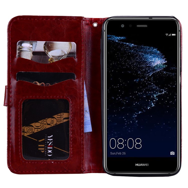 Imprinted Flower Oil Wax Wallet Leather Shell for Huawei P10 Lite - Wine Red-6