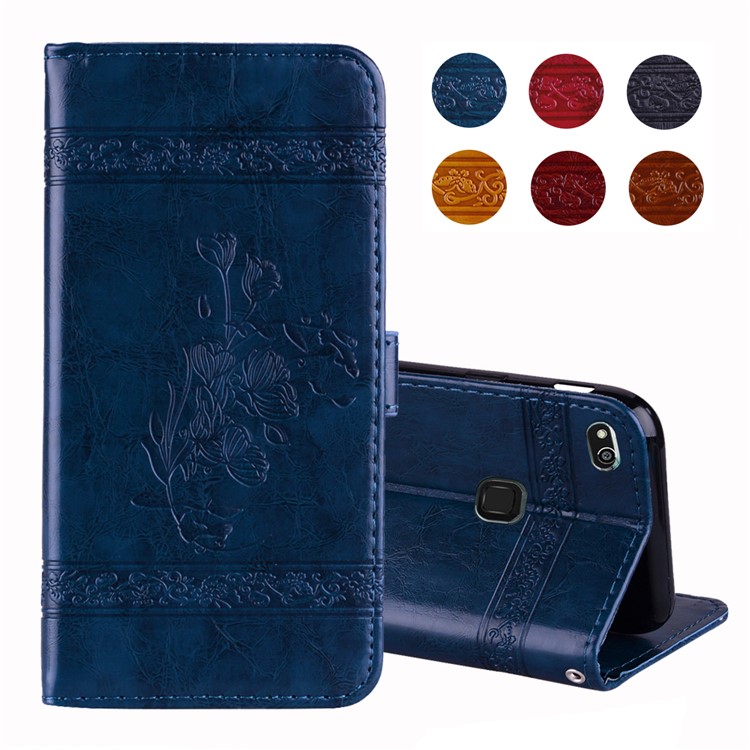 Imprinted Flower Oil Wax Wallet Leather Casing for Huawei P10 Lite - Dark Blue-1